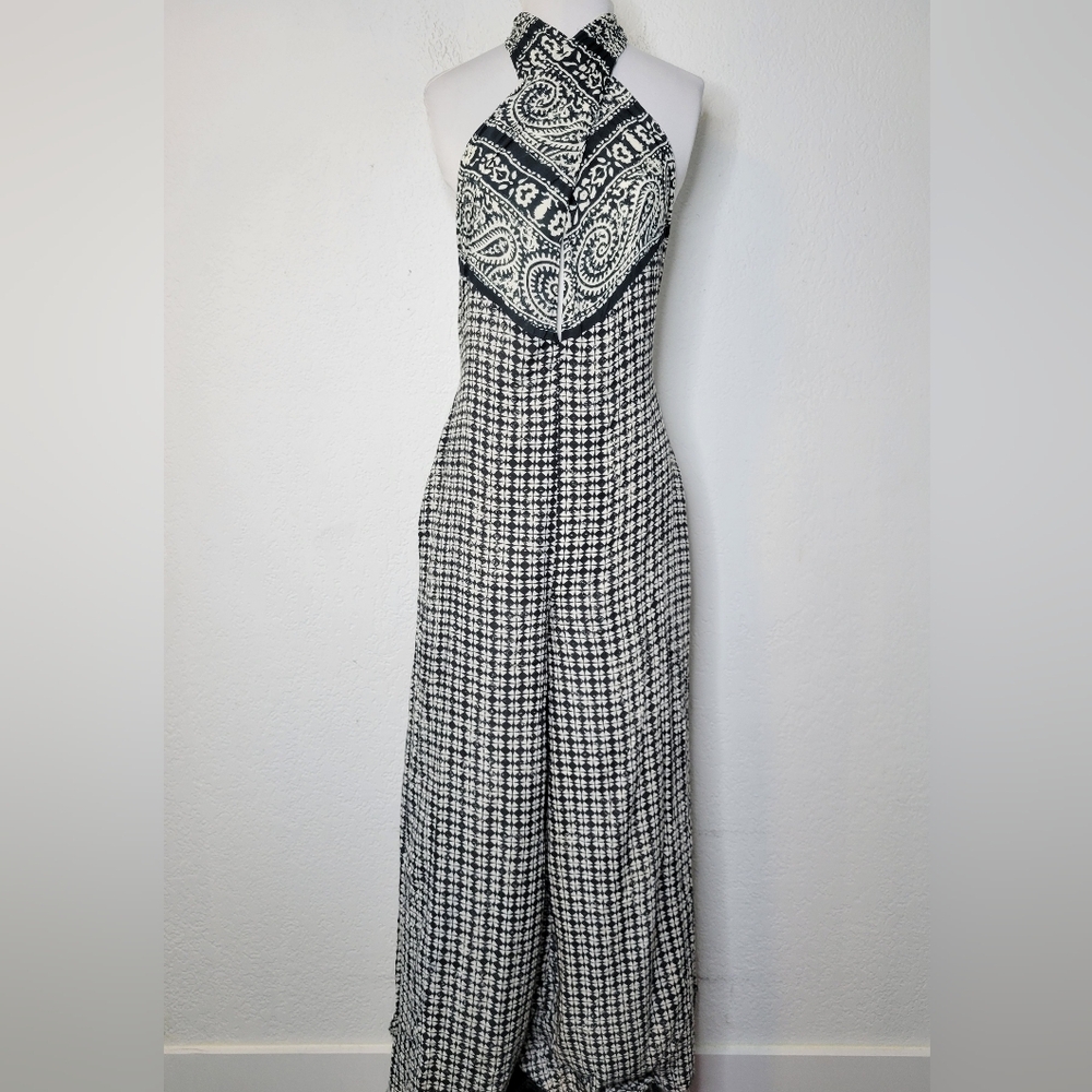 Free People Riley One Piece Halter Jumpsuit Size Large Wide Leg, Open Back